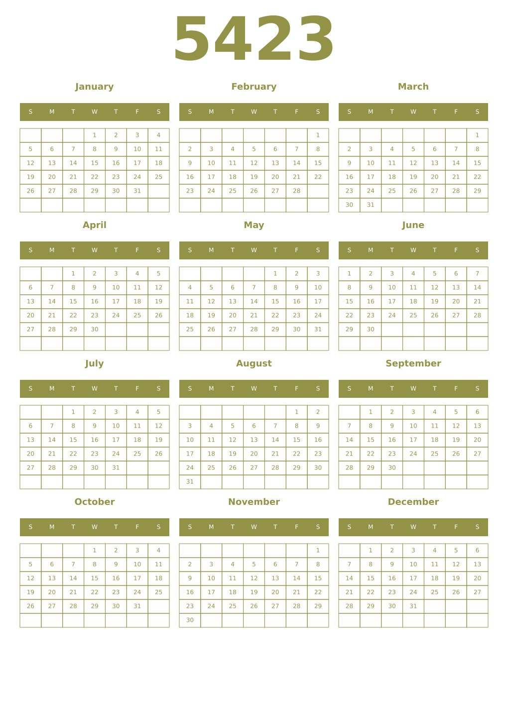 Printable 5423 Year Calendars eburnean