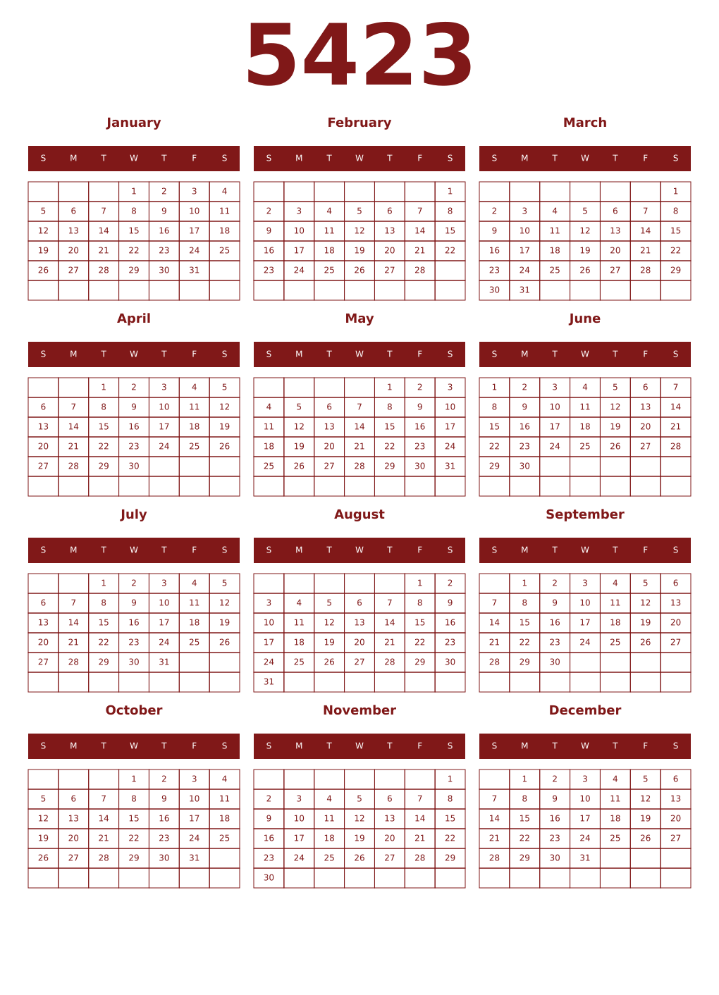 Printable 5423 Year Calendars falu