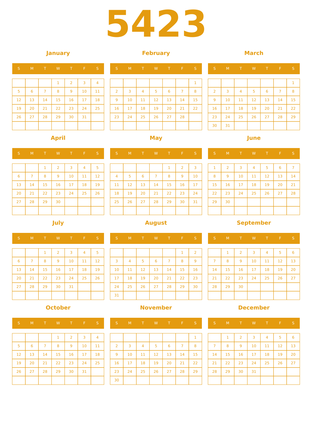 Printable 5423 Year Calendars gamboge