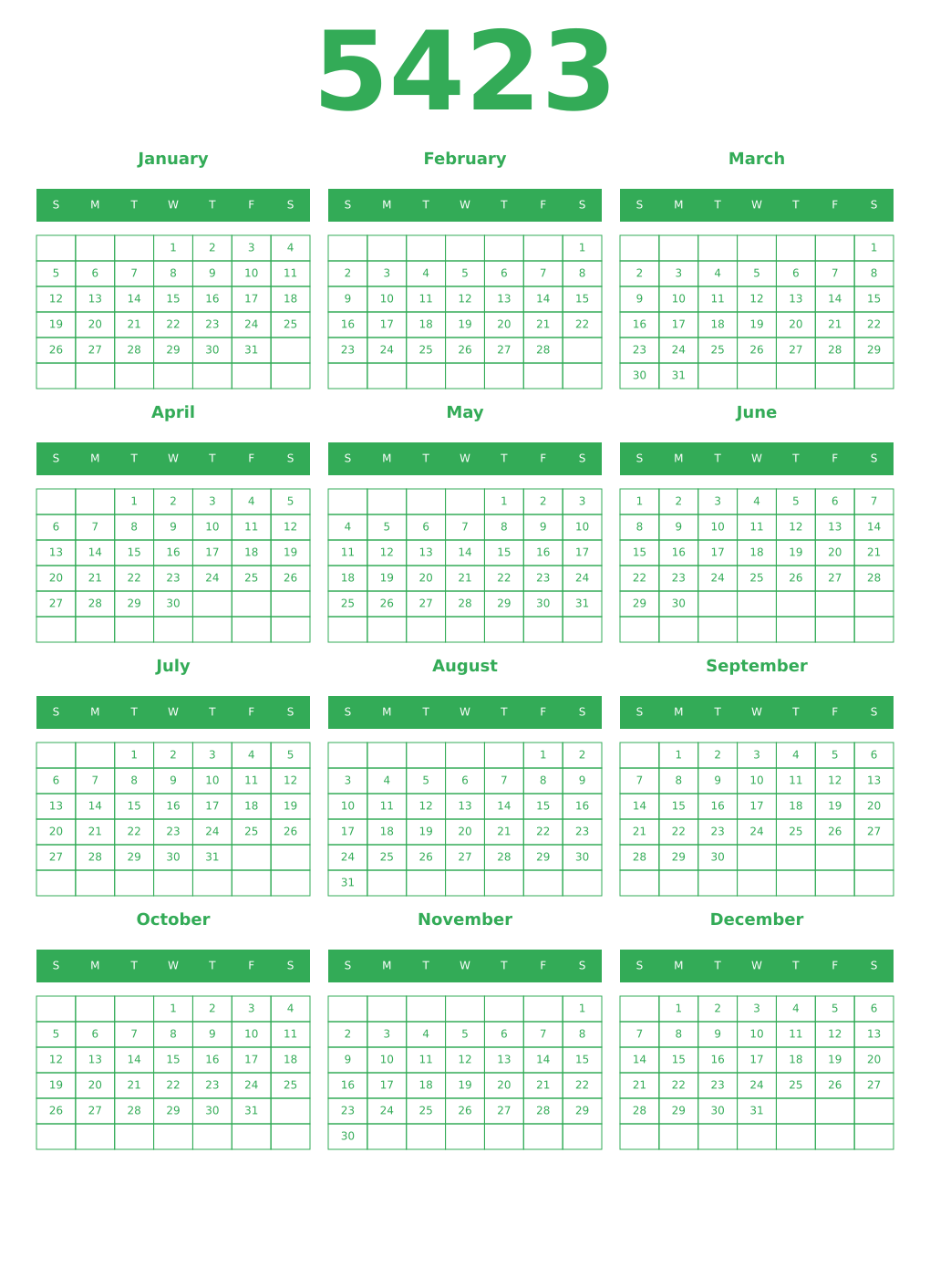 Printable 5423 Year Calendars green