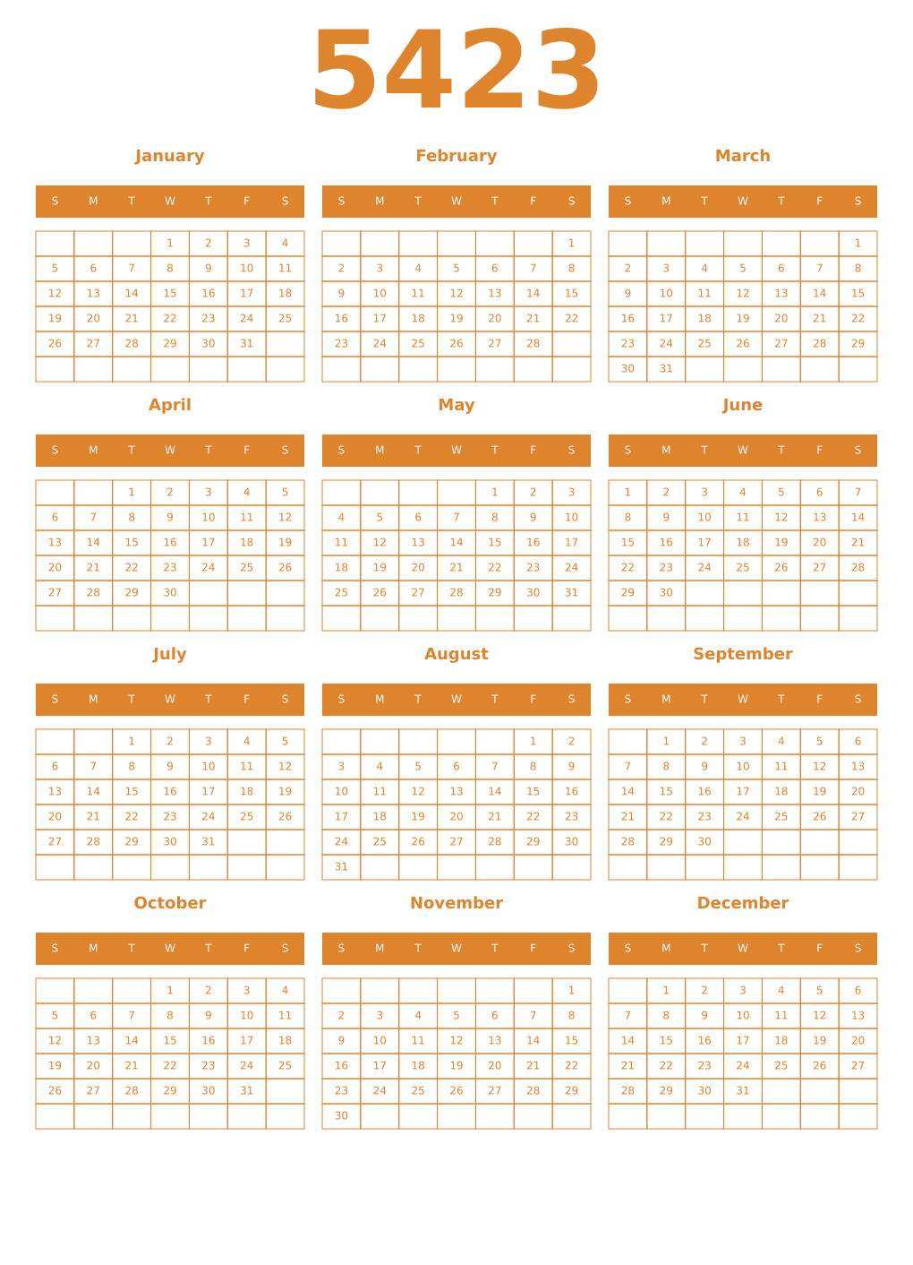 Printable 5423 Year Calendars orange