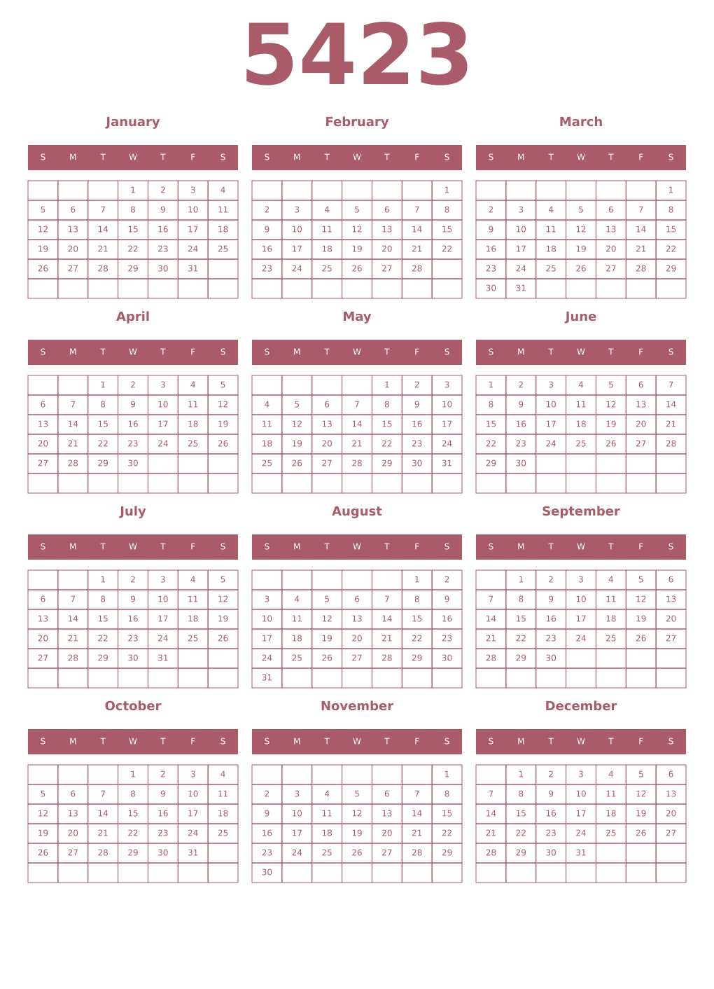 Printable 5423 Year Calendars puce