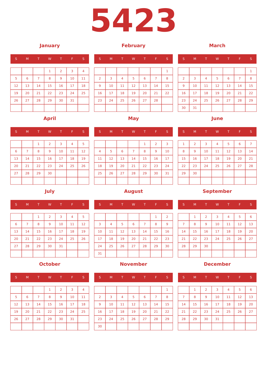 Printable 5423 Year Calendars red