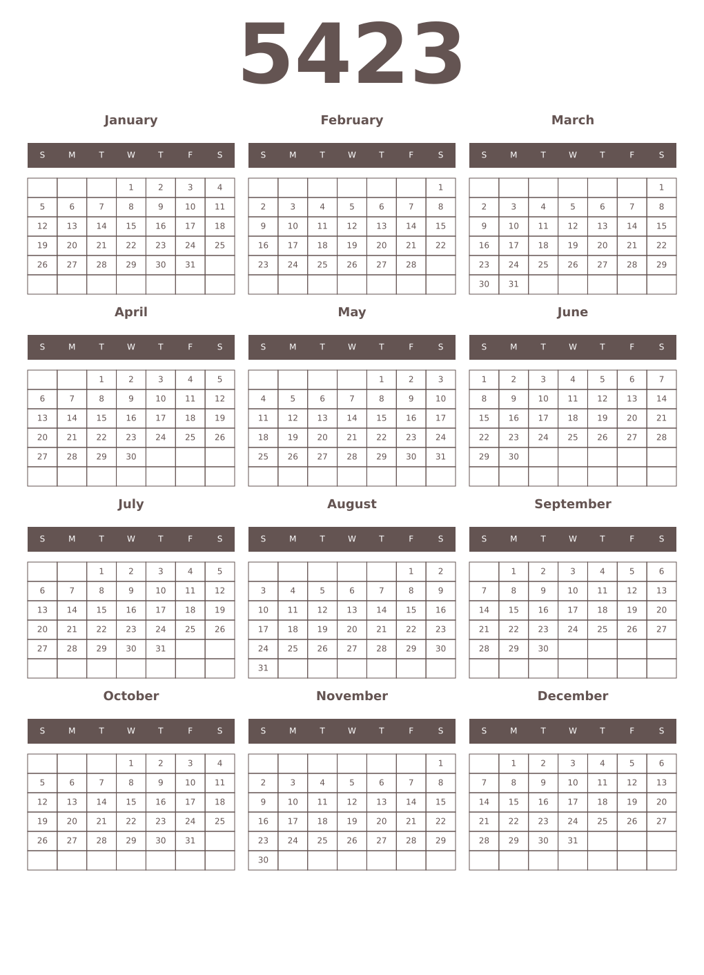 Printable 5423 Year Calendars wenge