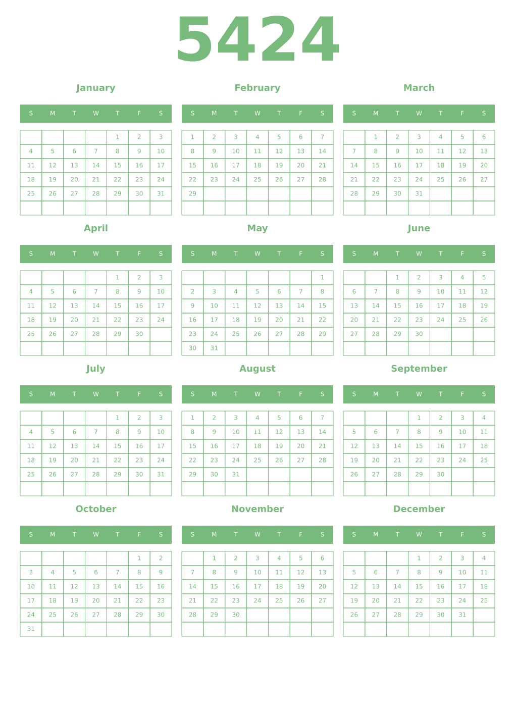 Printable 5424 Year Calendars celadon