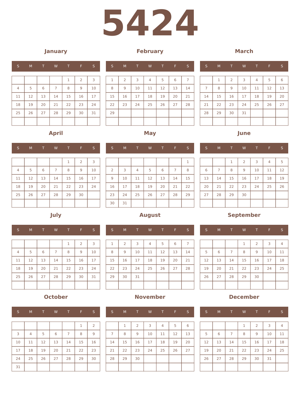 Printable 5424 Year Calendars coffe