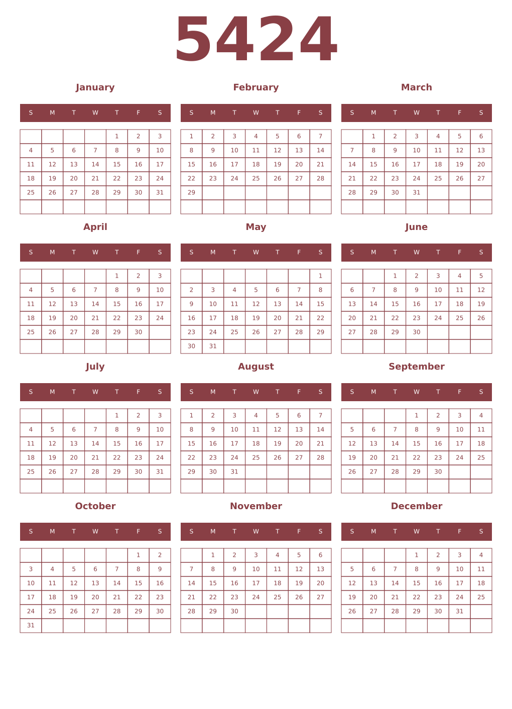 Printable 5424 Year Calendars cordovan
