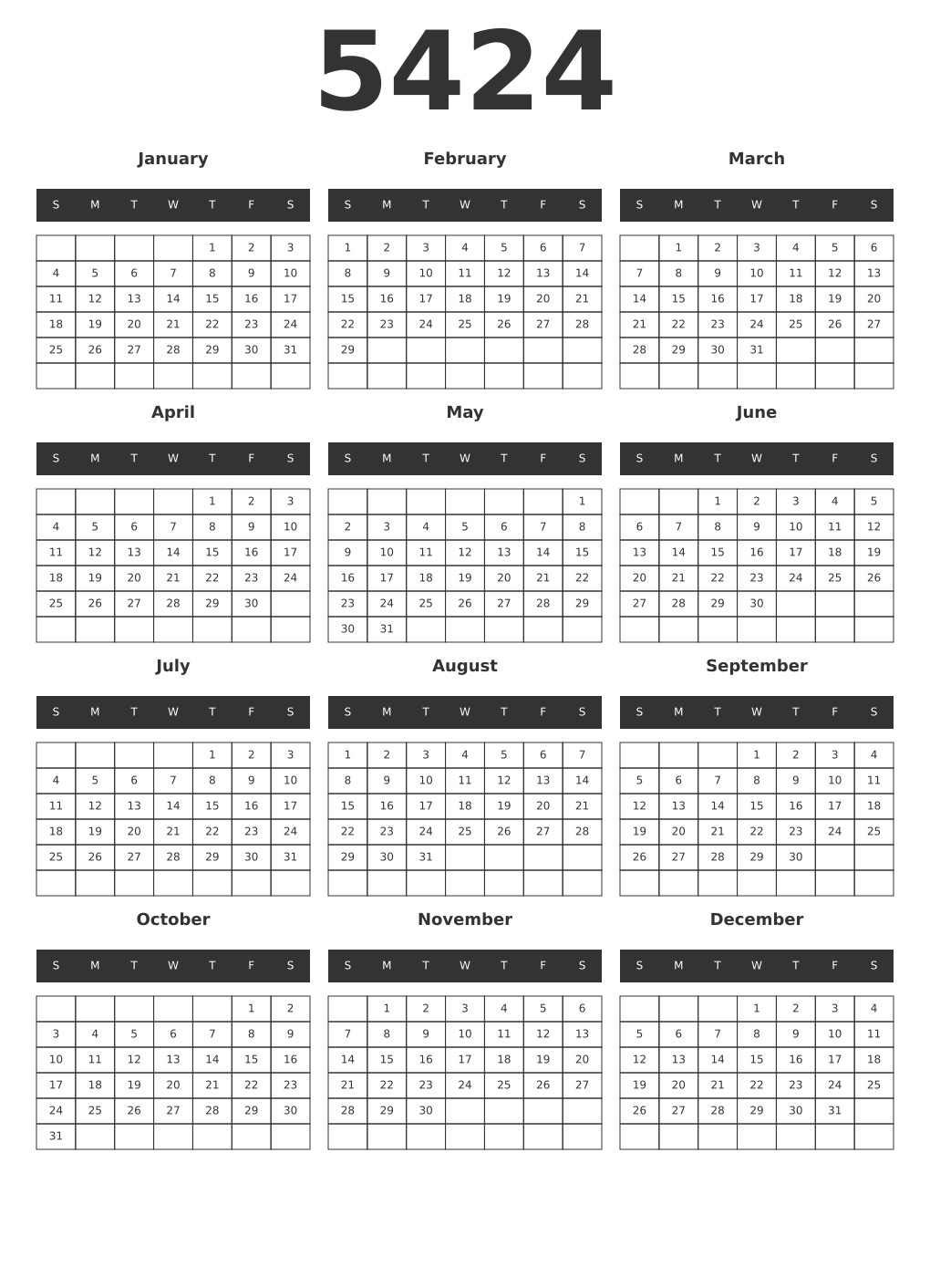 Printable 5424 Year Calendars dark