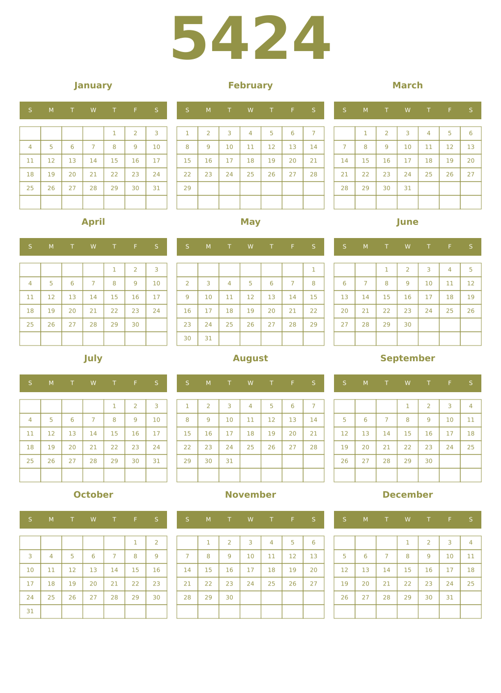 Printable 5424 Year Calendars eburnean