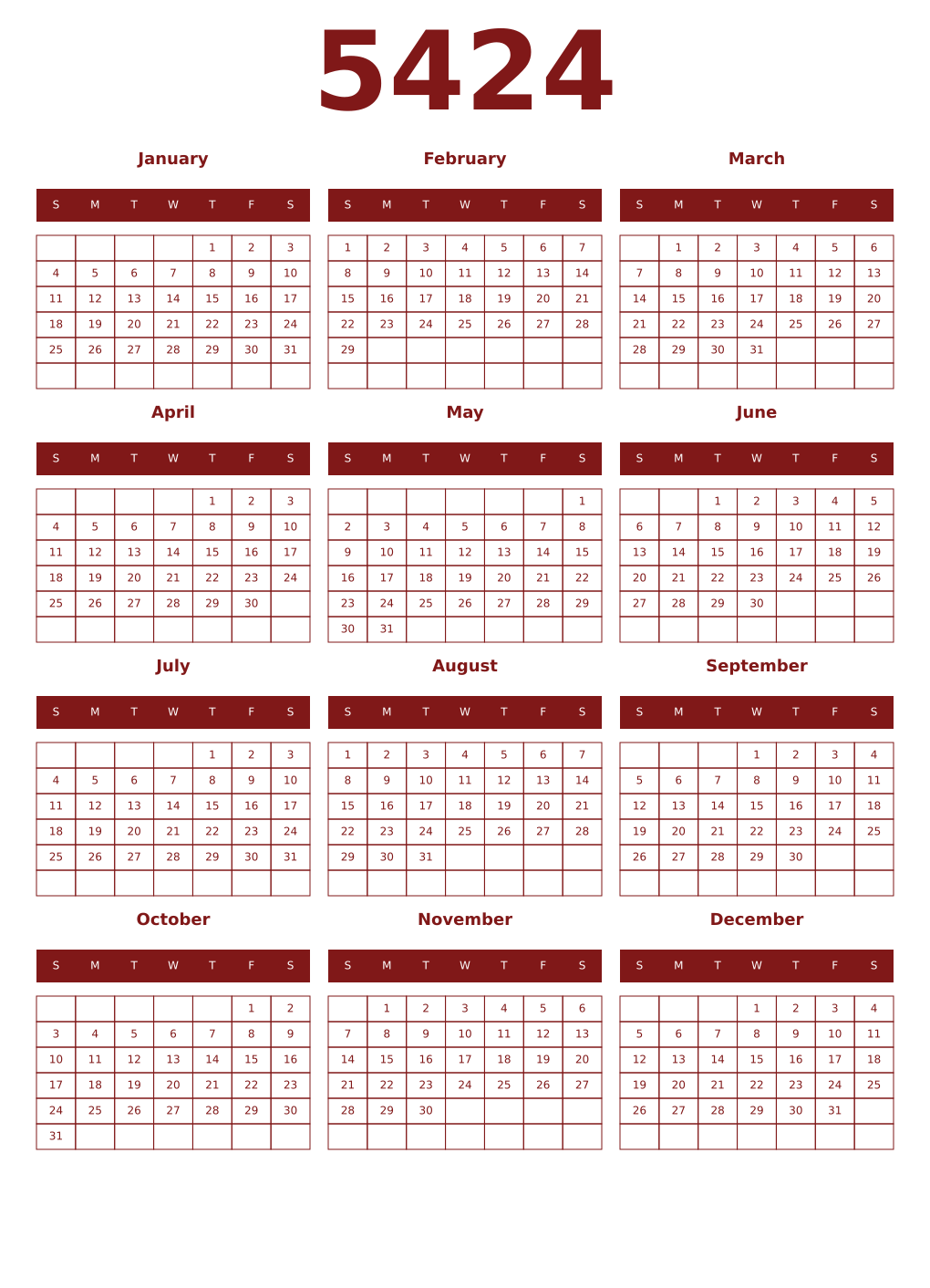 Printable 5424 Year Calendars falu