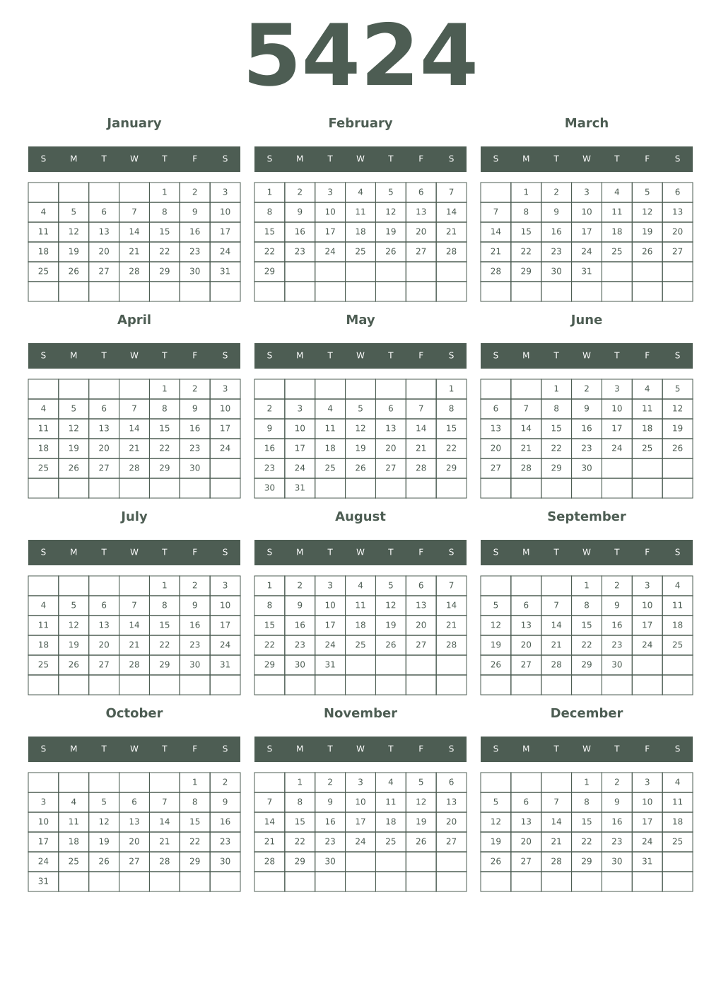 Printable 5424 Year Calendars feldgrau