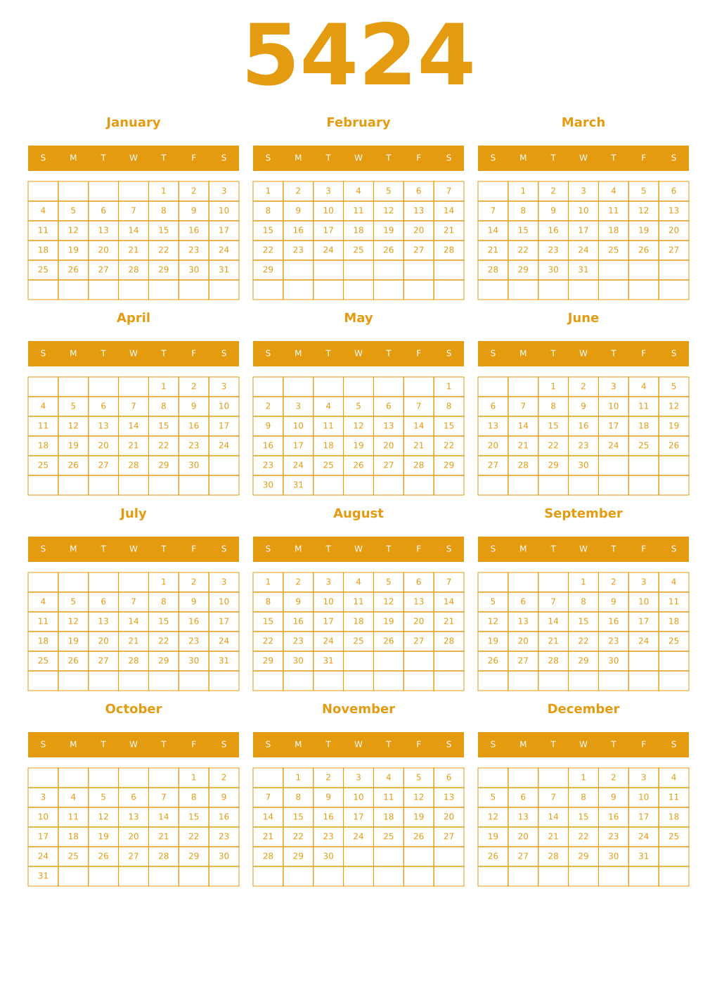 Printable 5424 Year Calendars gamboge