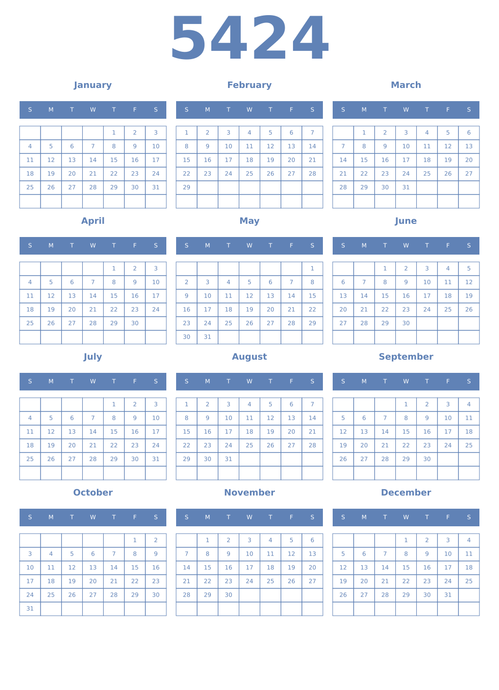 Printable 5424 Year Calendars glaucous