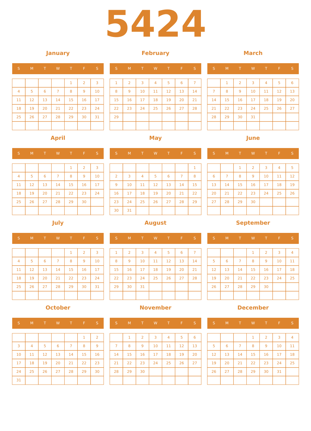 Printable 5424 Year Calendars orange