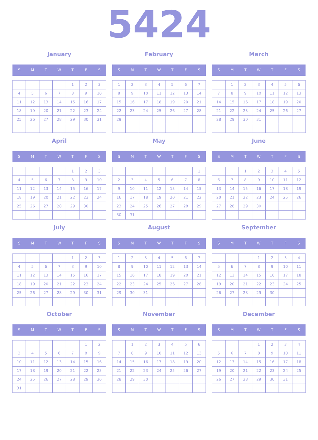 Printable 5424 Year Calendars periwinkle