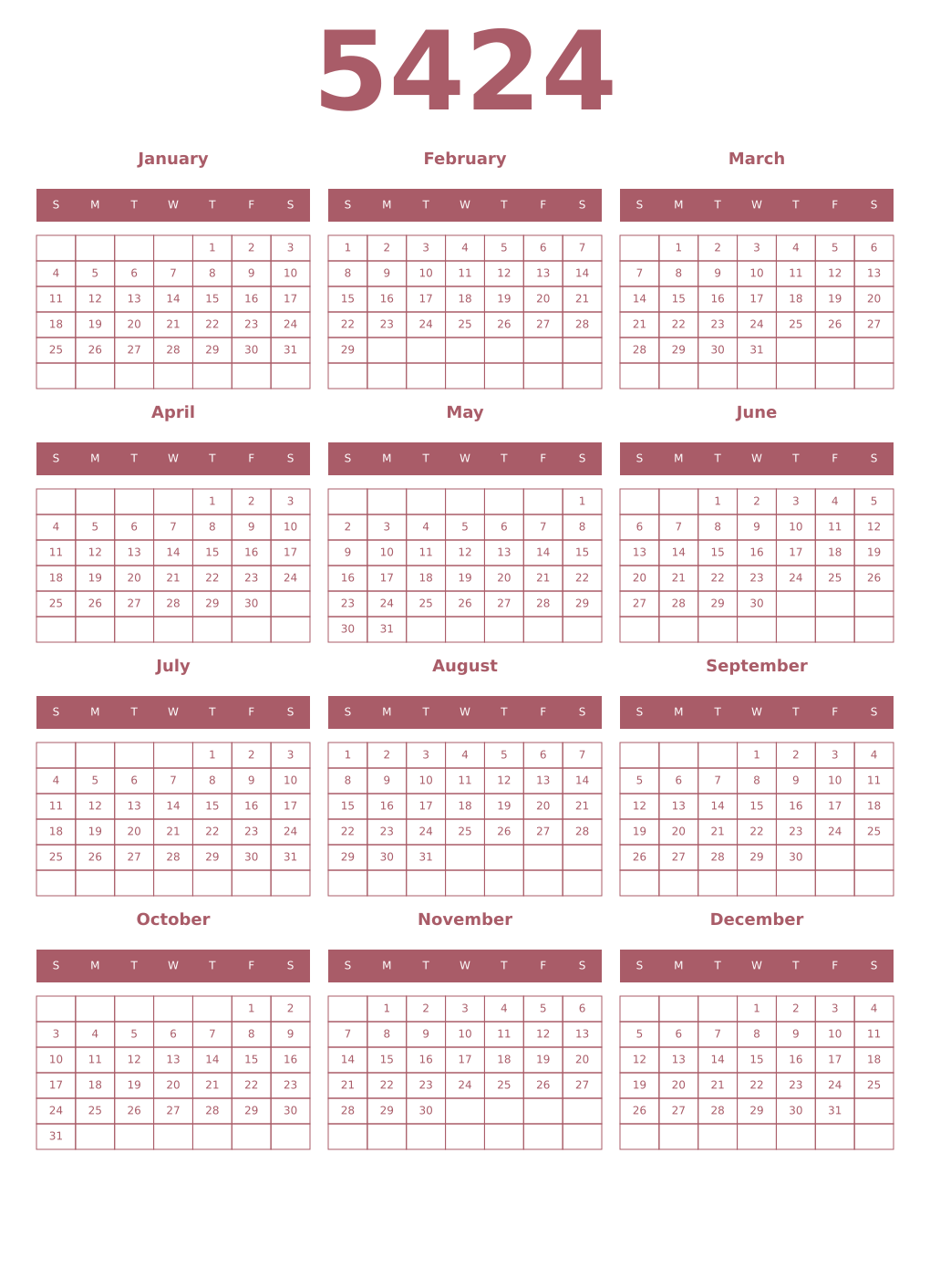 Printable 5424 Year Calendars puce
