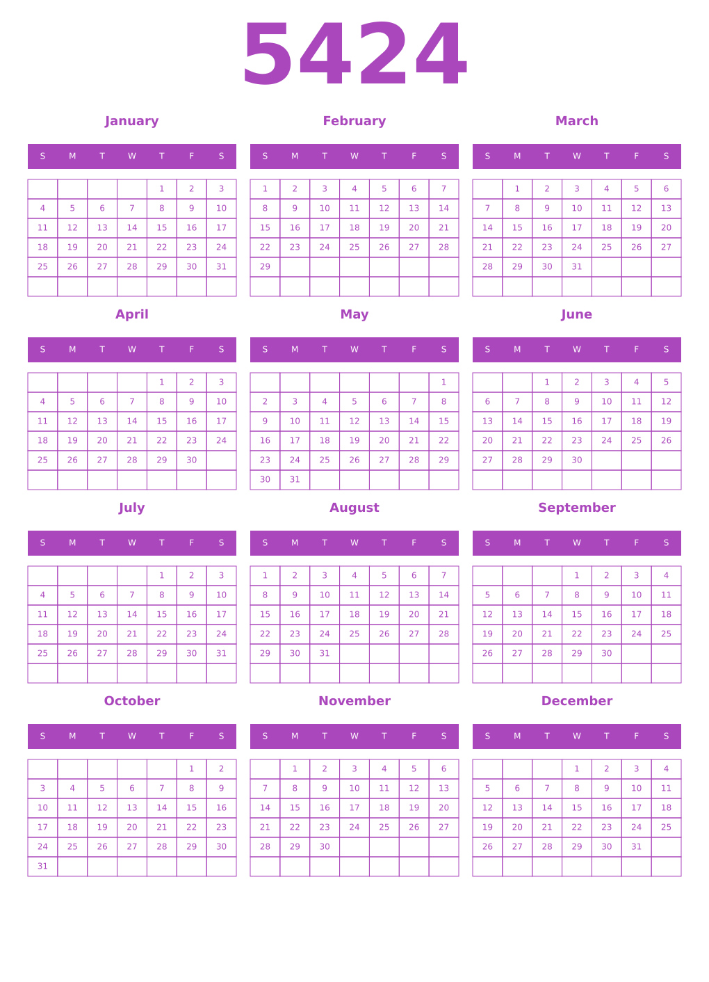 Printable 5424 Year Calendars purple