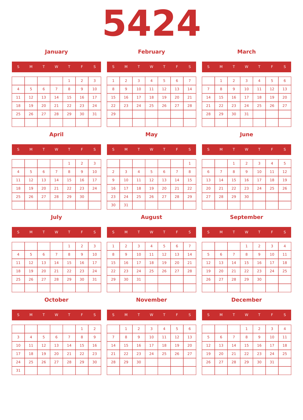 Printable 5424 Year Calendars red