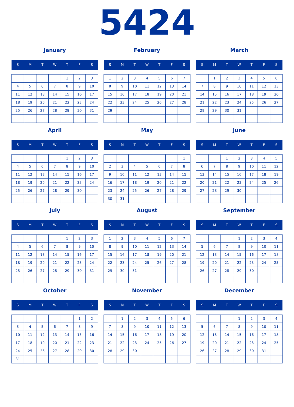 Printable 5424 Year Calendars smalt
