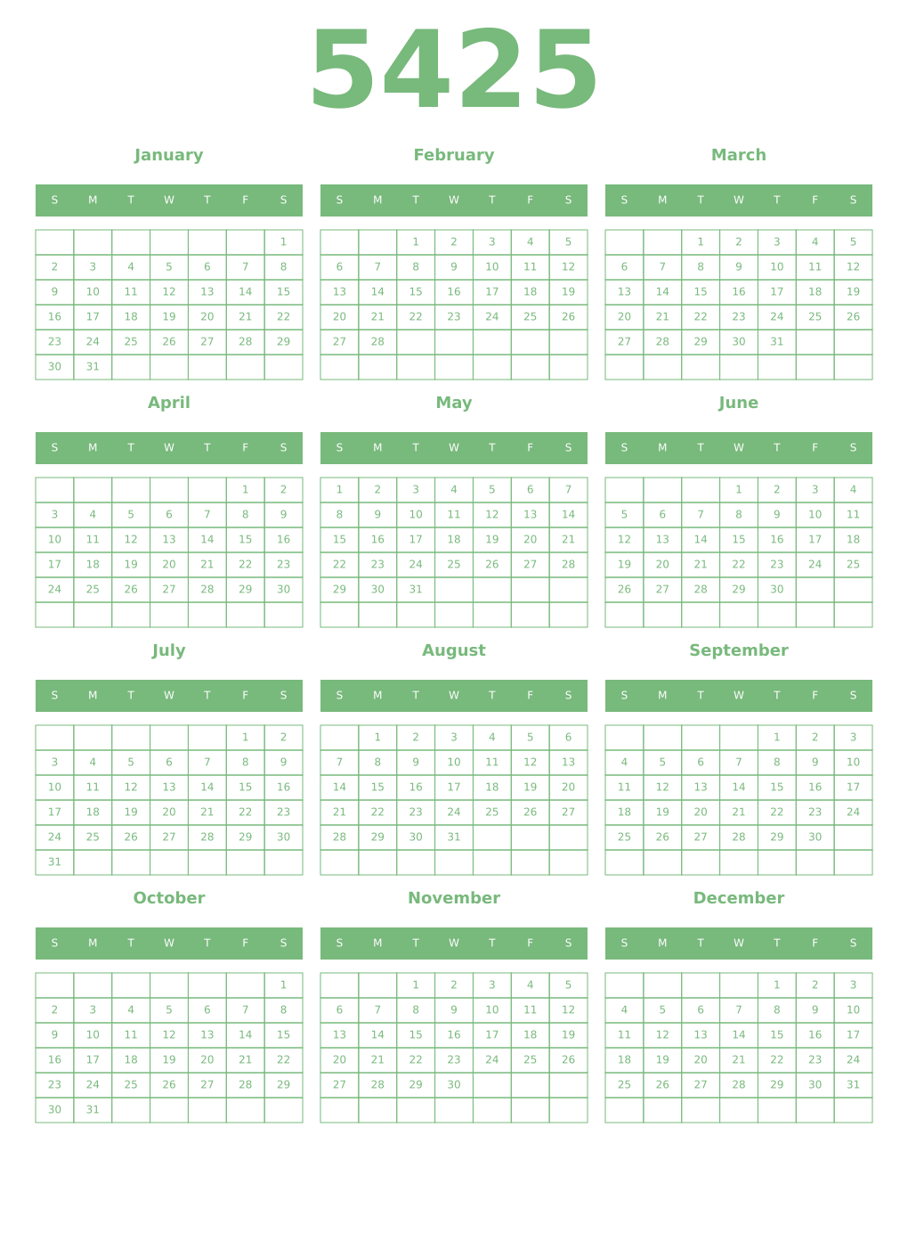 Printable 5425 Year Calendars celadon
