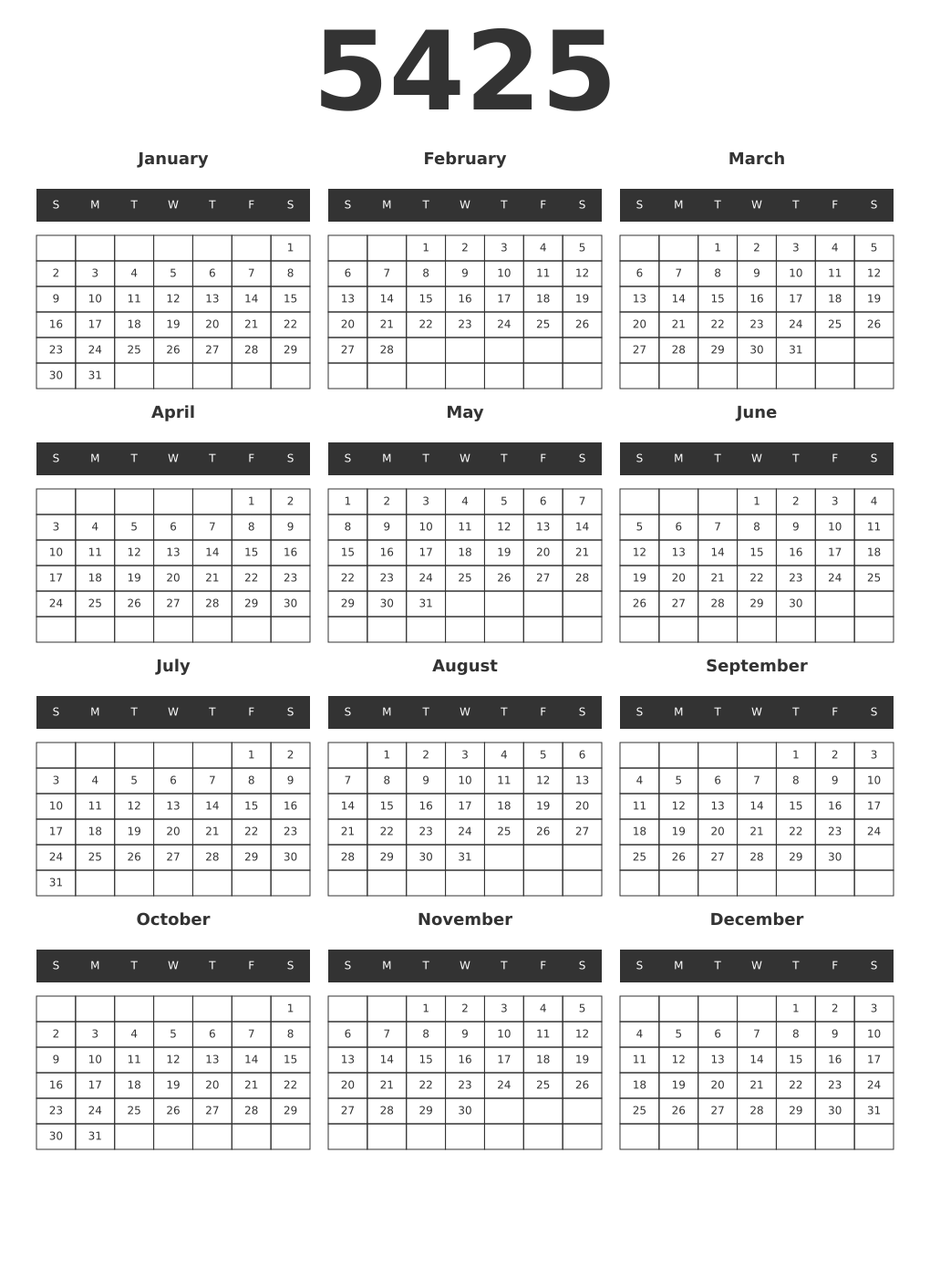 Printable 5425 Year Calendars dark