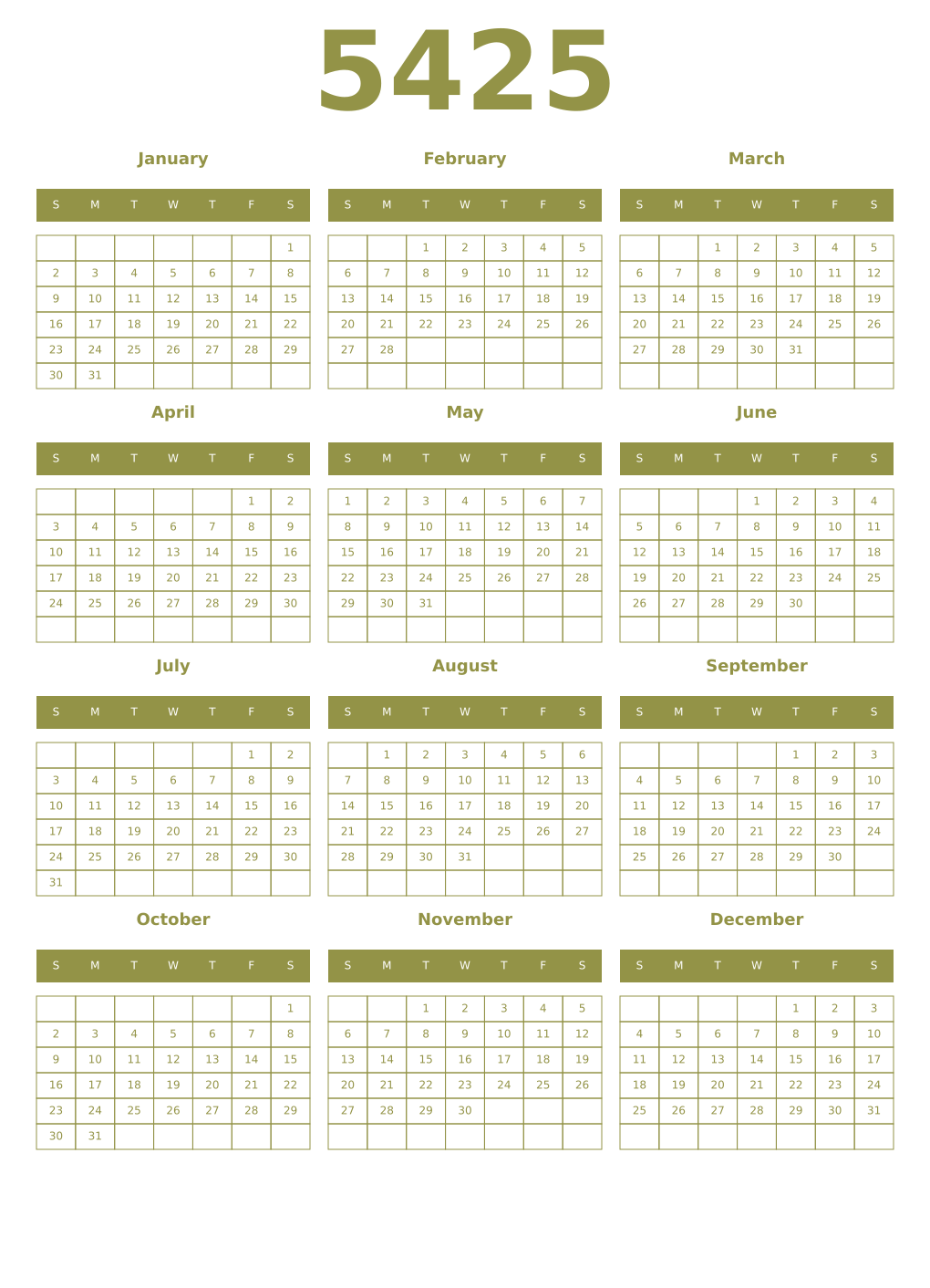 Printable 5425 Year Calendars eburnean