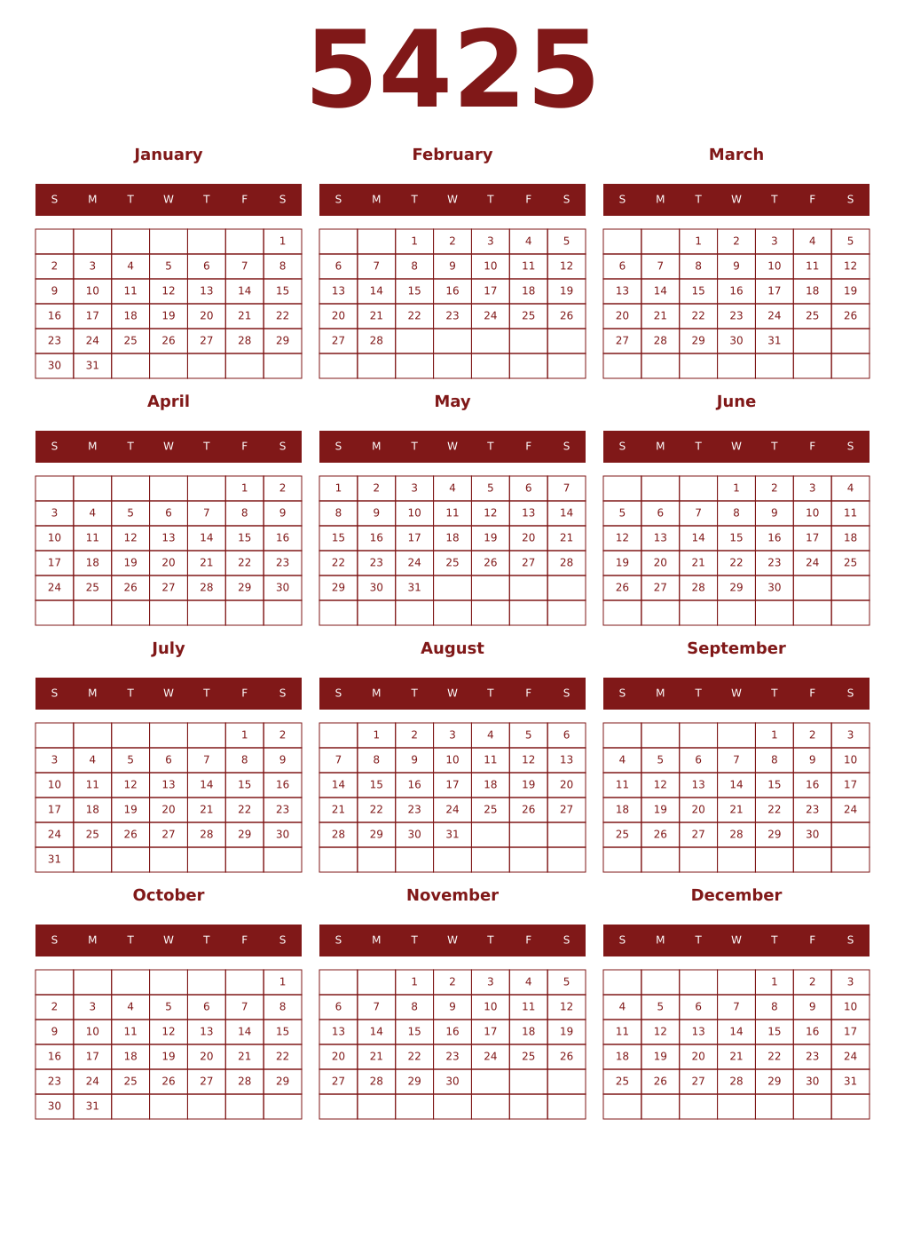 Printable 5425 Year Calendars falu