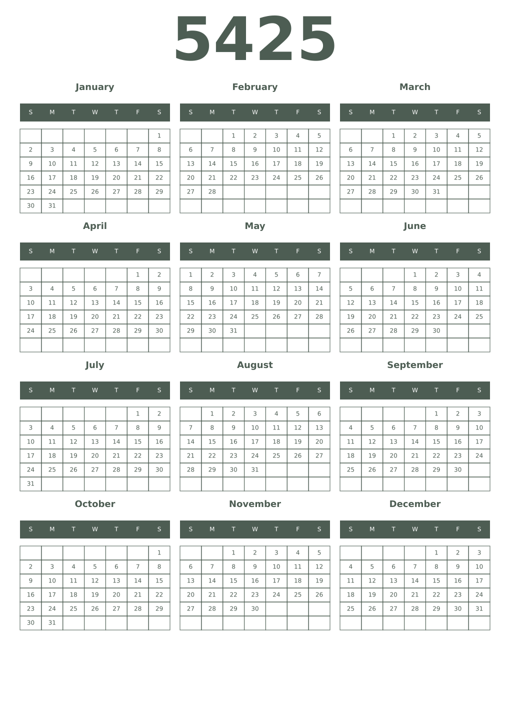 Printable 5425 Year Calendars feldgrau