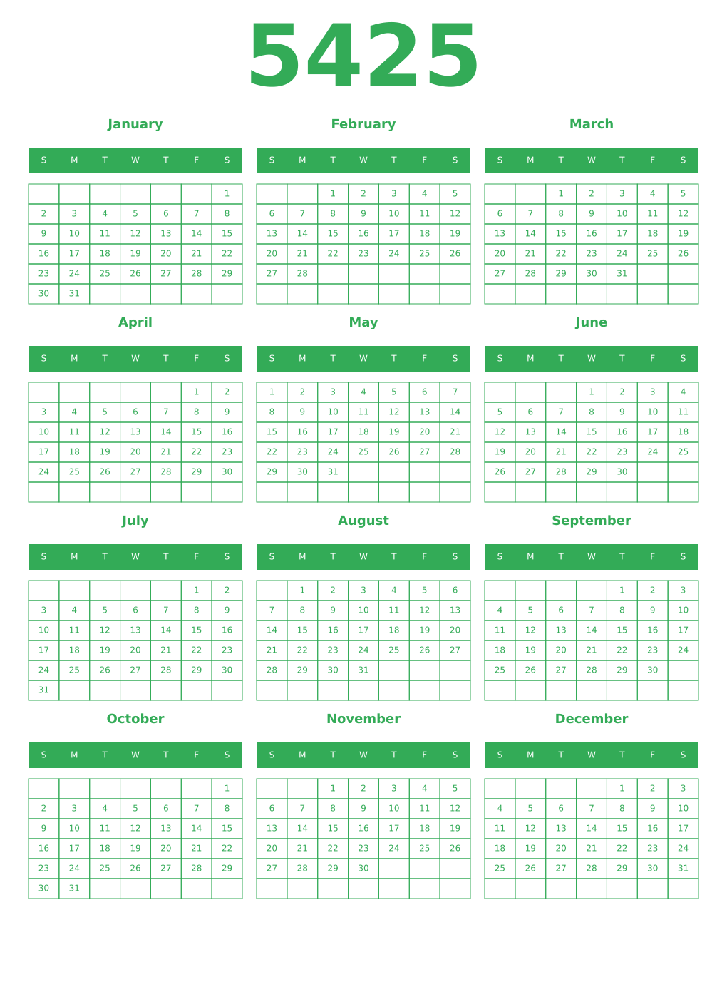Printable 5425 Year Calendars green