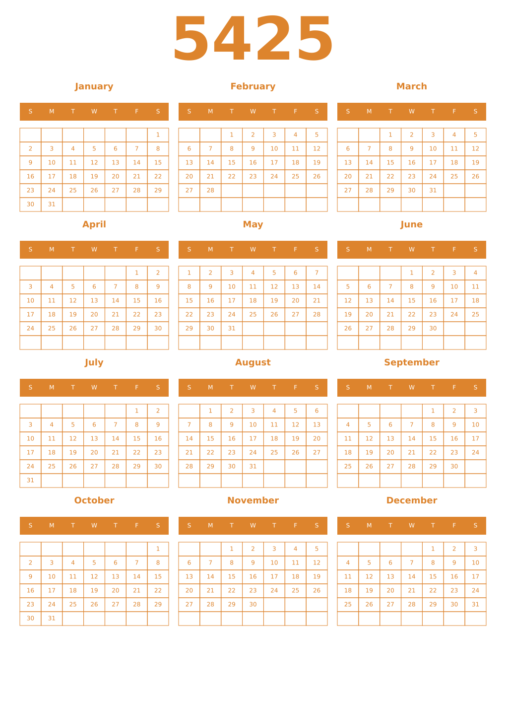 Printable 5425 Year Calendars orange
