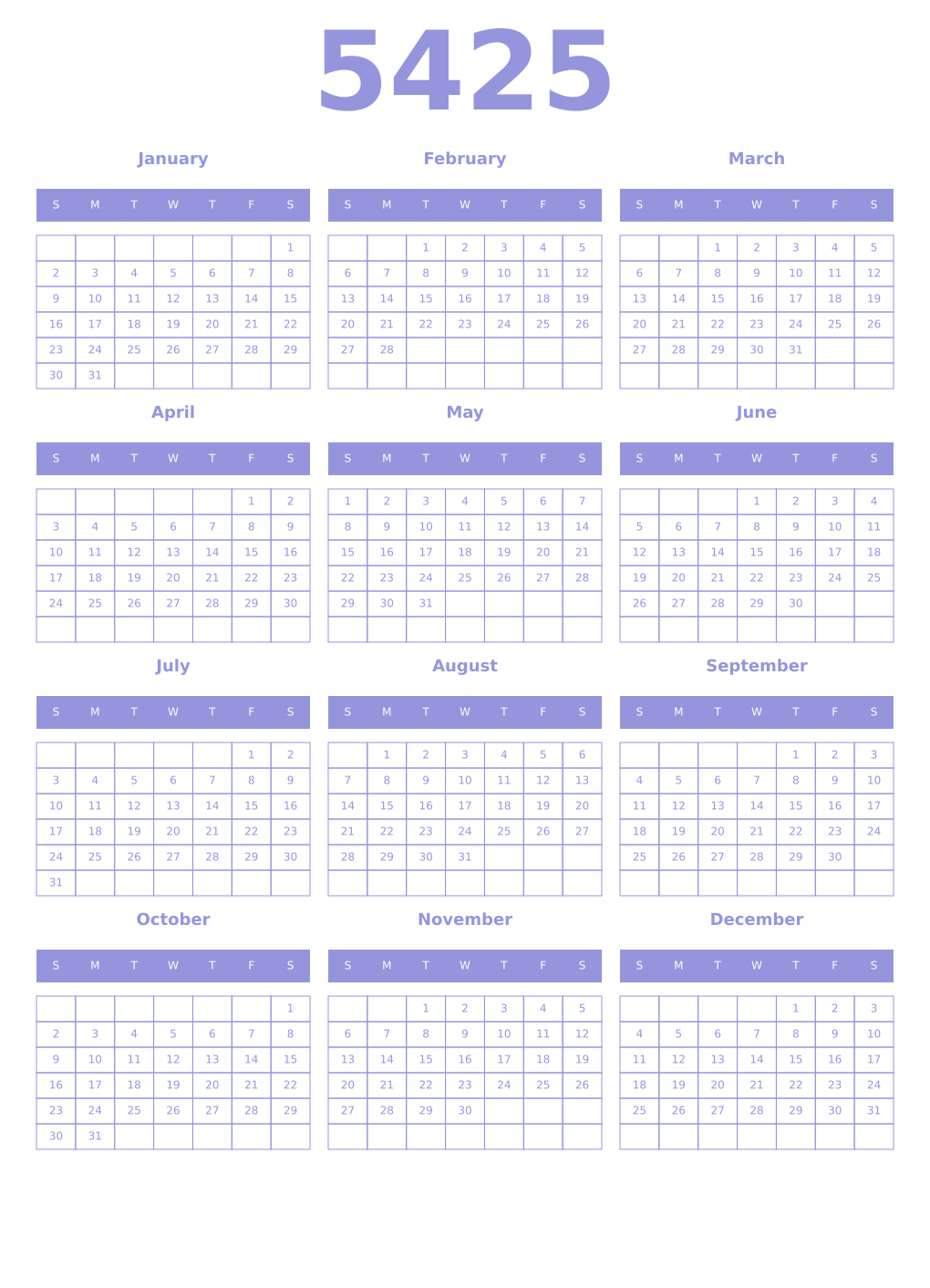 Printable 5425 Year Calendars periwinkle
