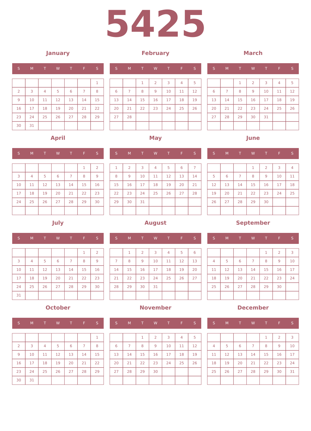 Printable 5425 Year Calendars puce