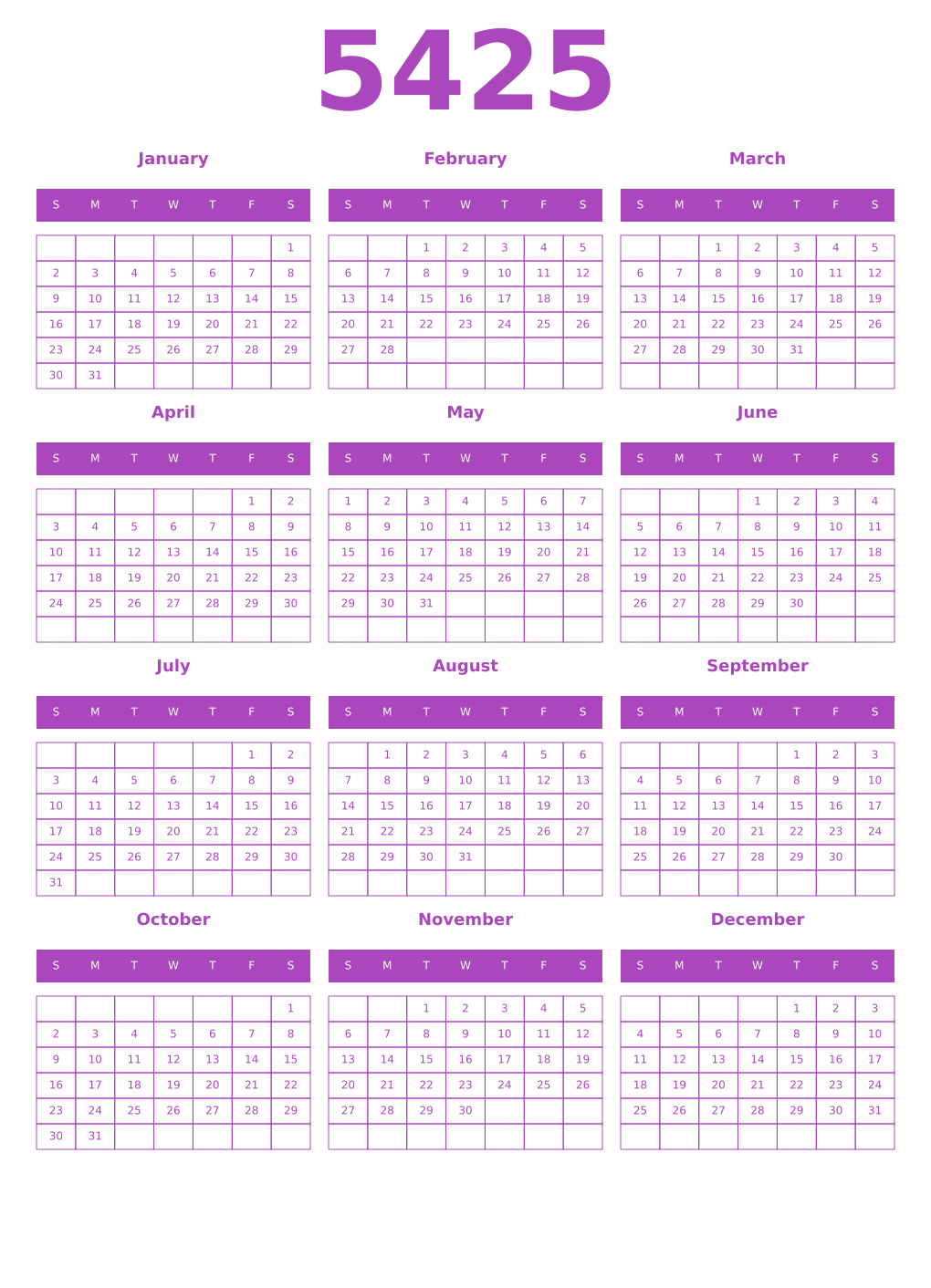 Printable 5425 Year Calendars purple