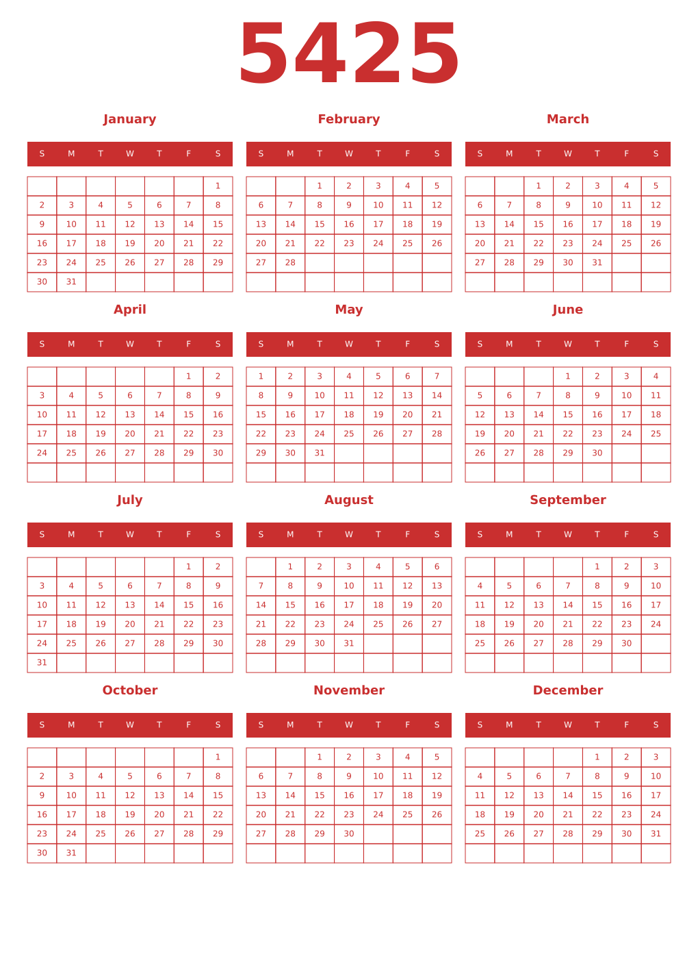 Printable 5425 Year Calendars red