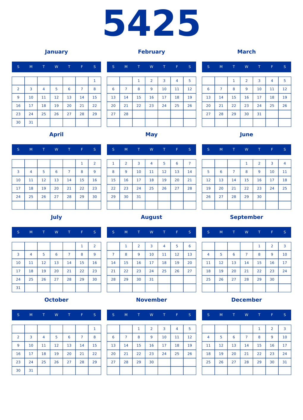 Printable 5425 Year Calendars smalt