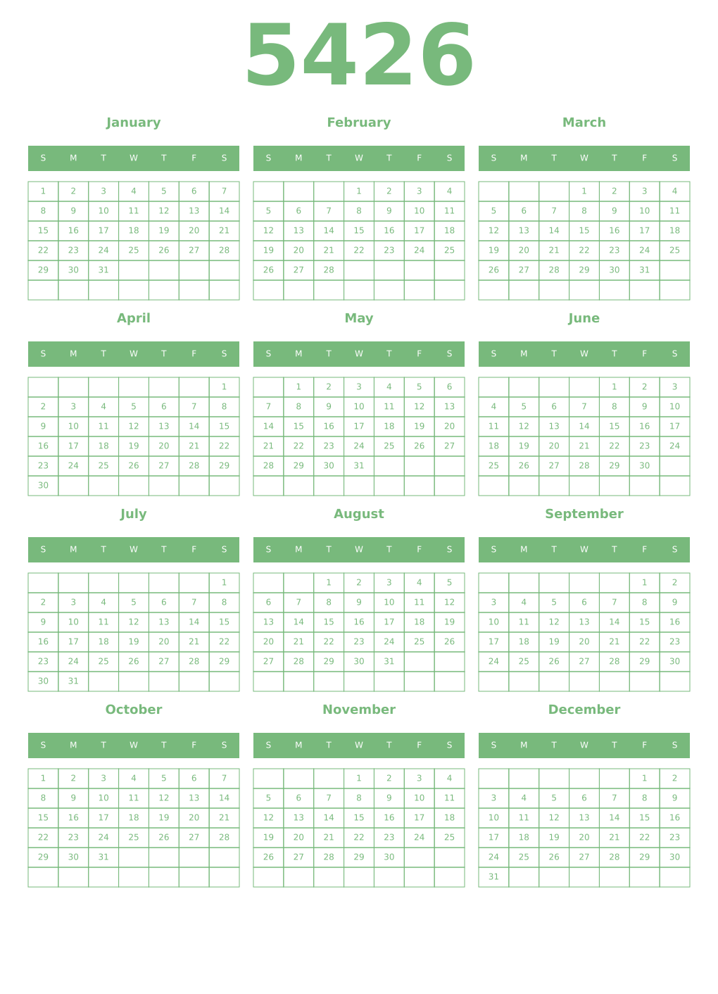 Printable 5426 Year Calendars celadon