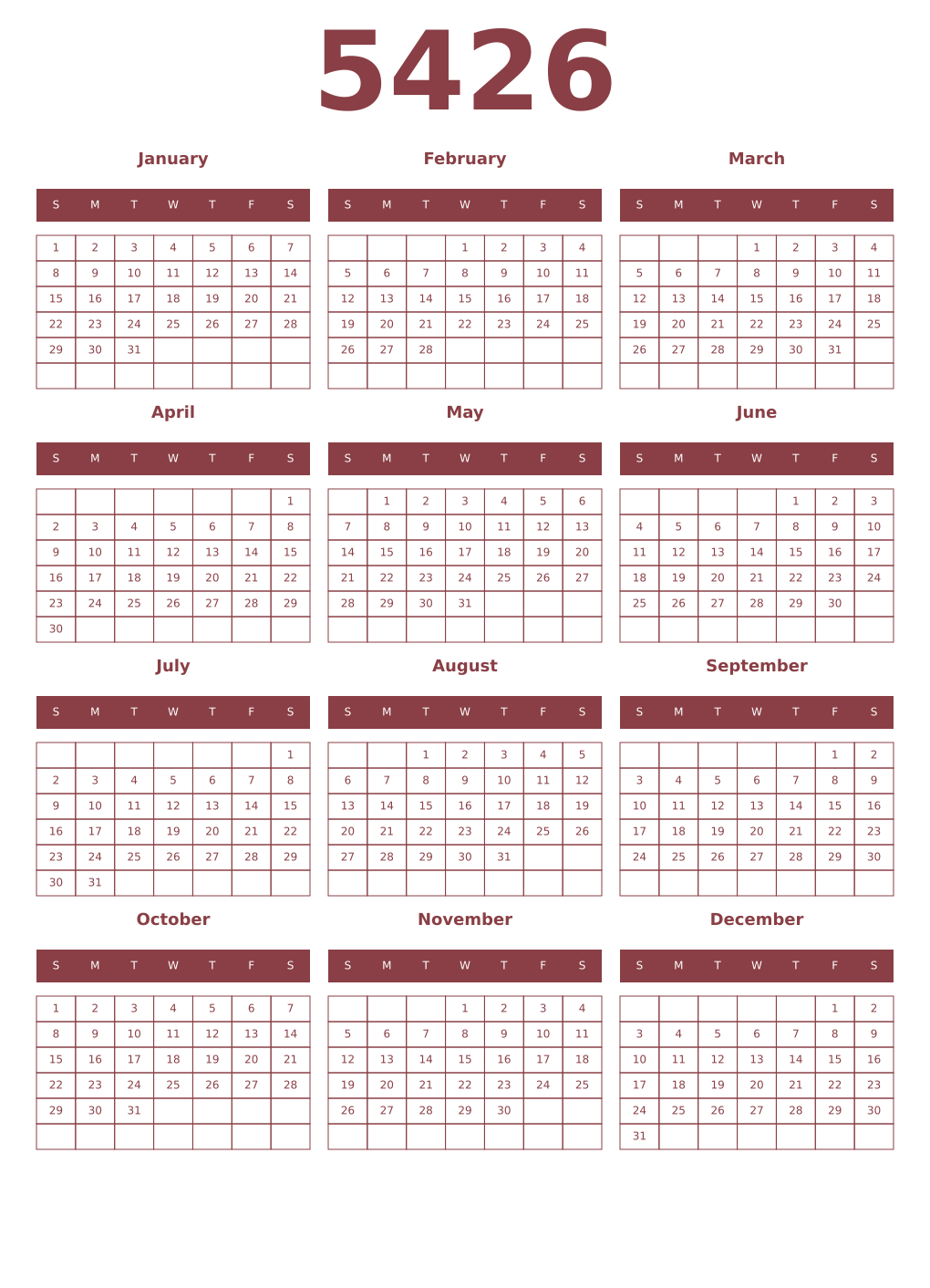 Printable 5426 Year Calendars cordovan