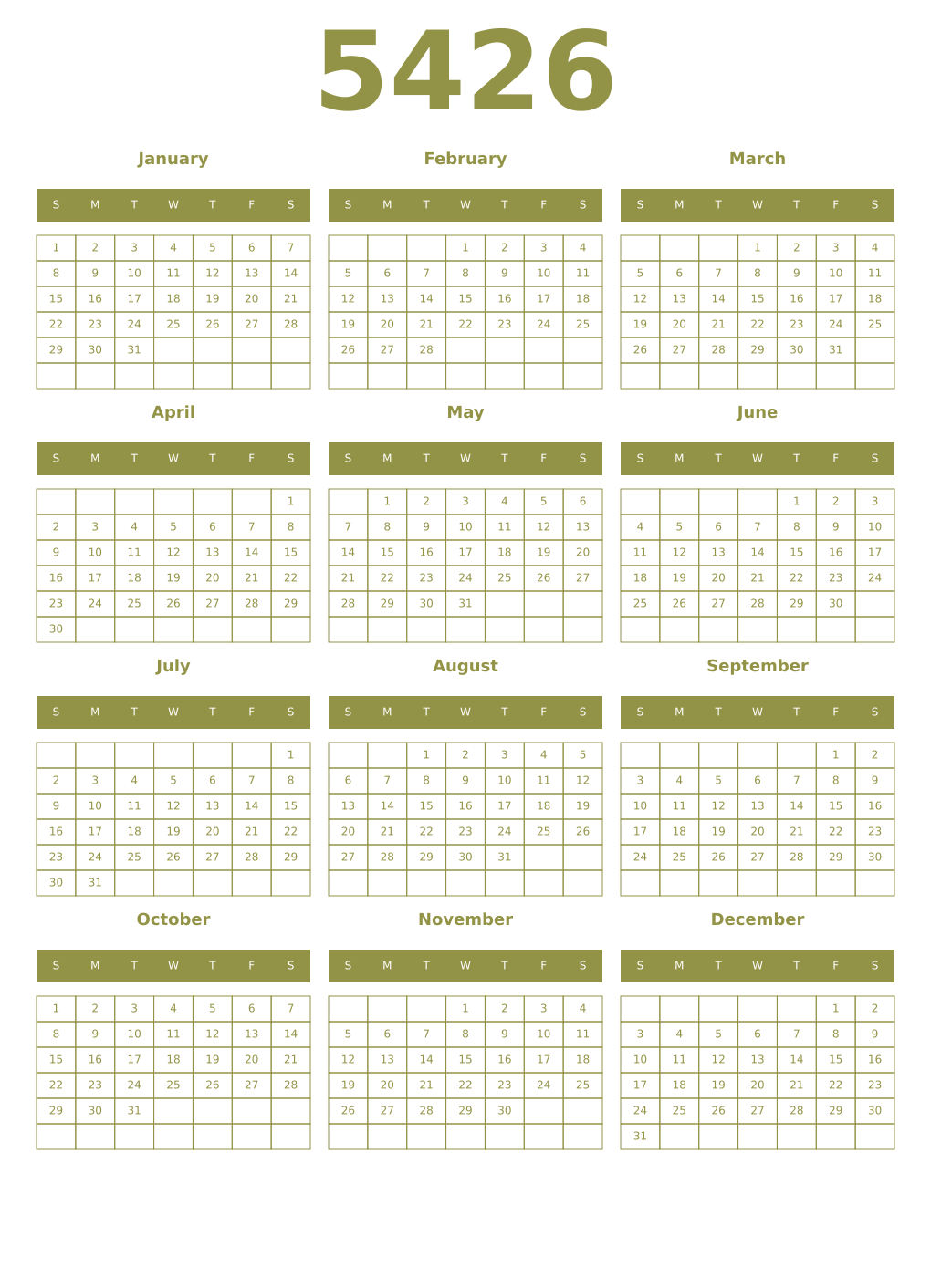 Printable 5426 Year Calendars eburnean