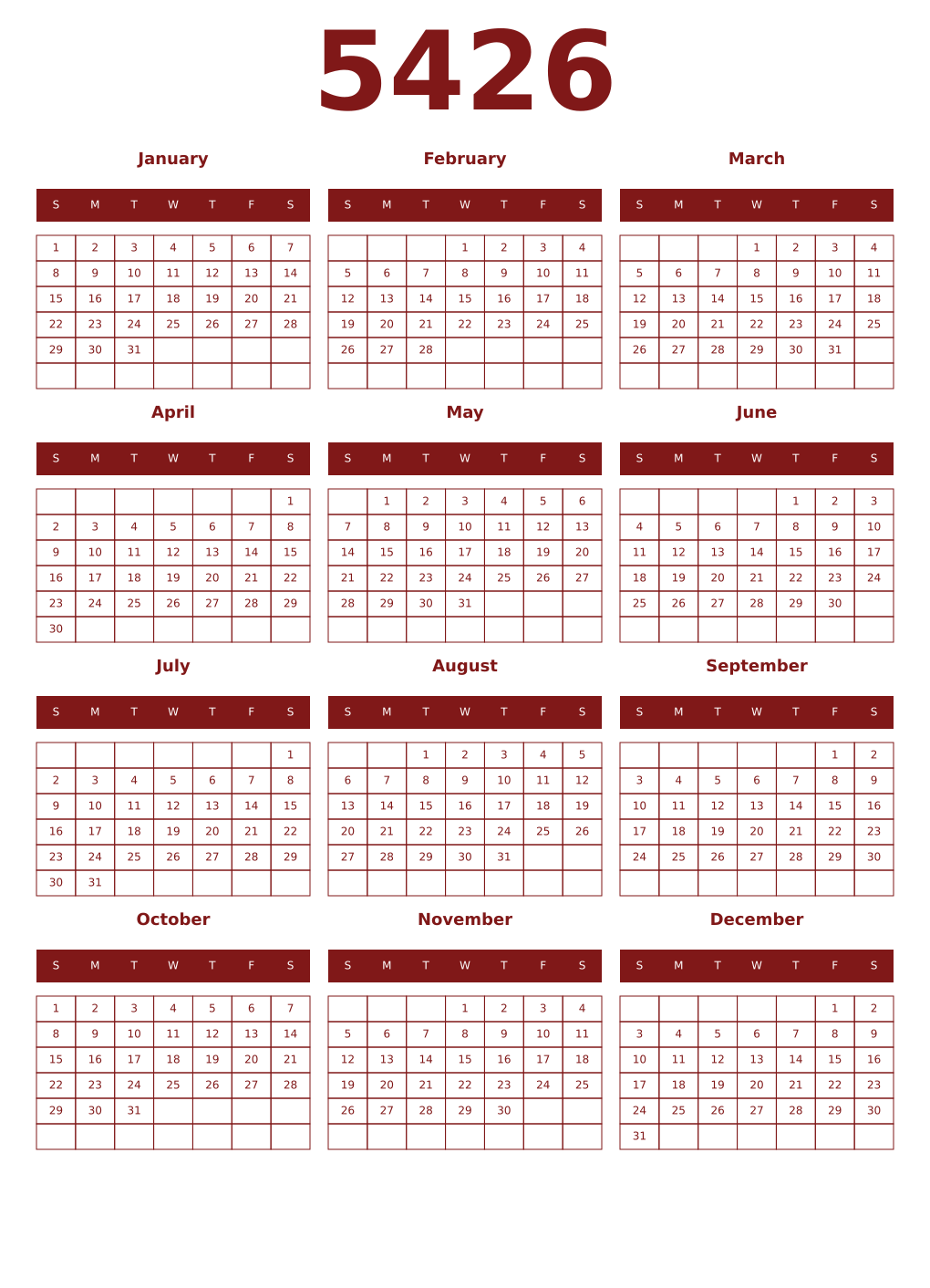 Printable 5426 Year Calendars falu
