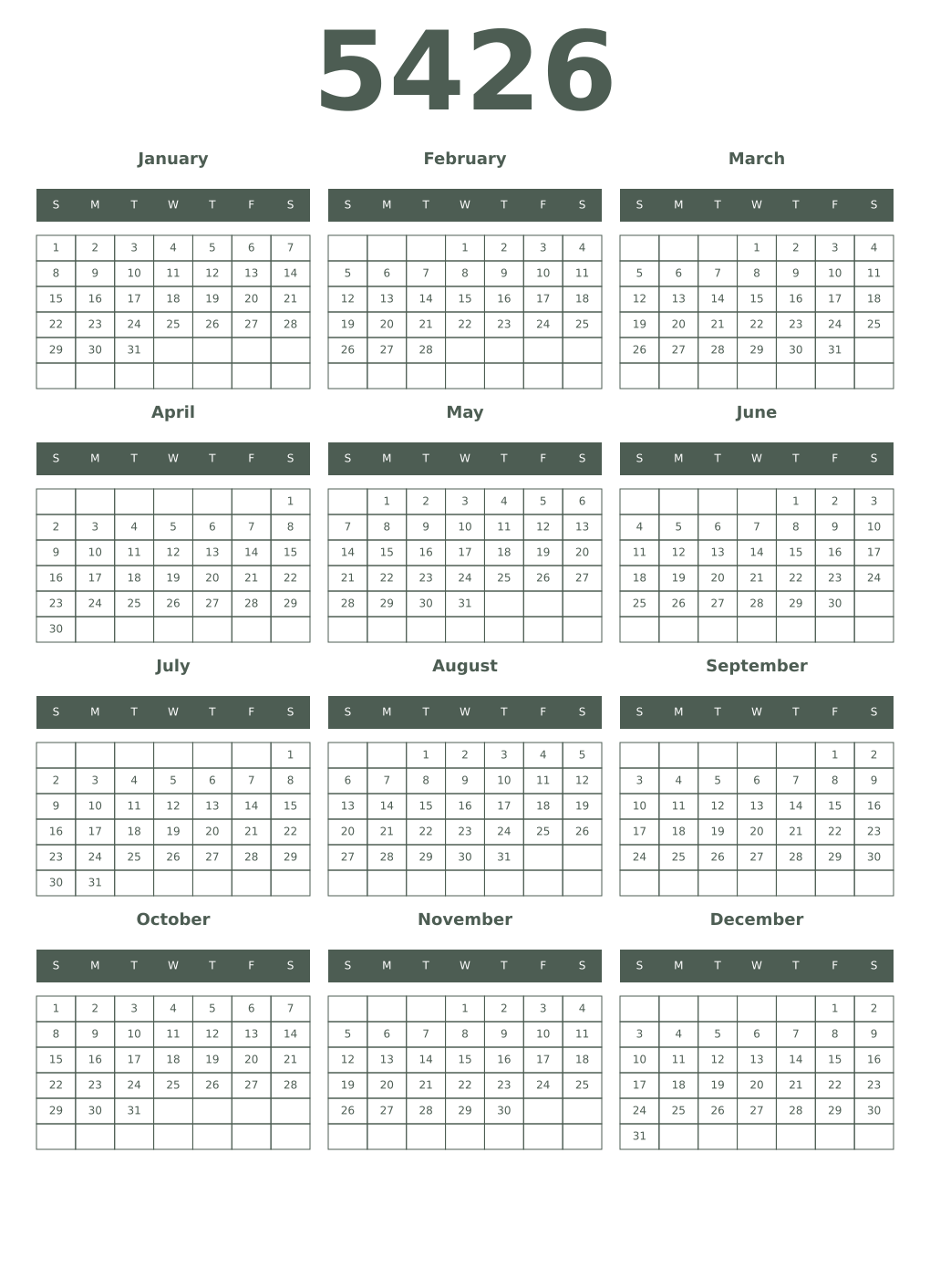 Printable 5426 Year Calendars feldgrau