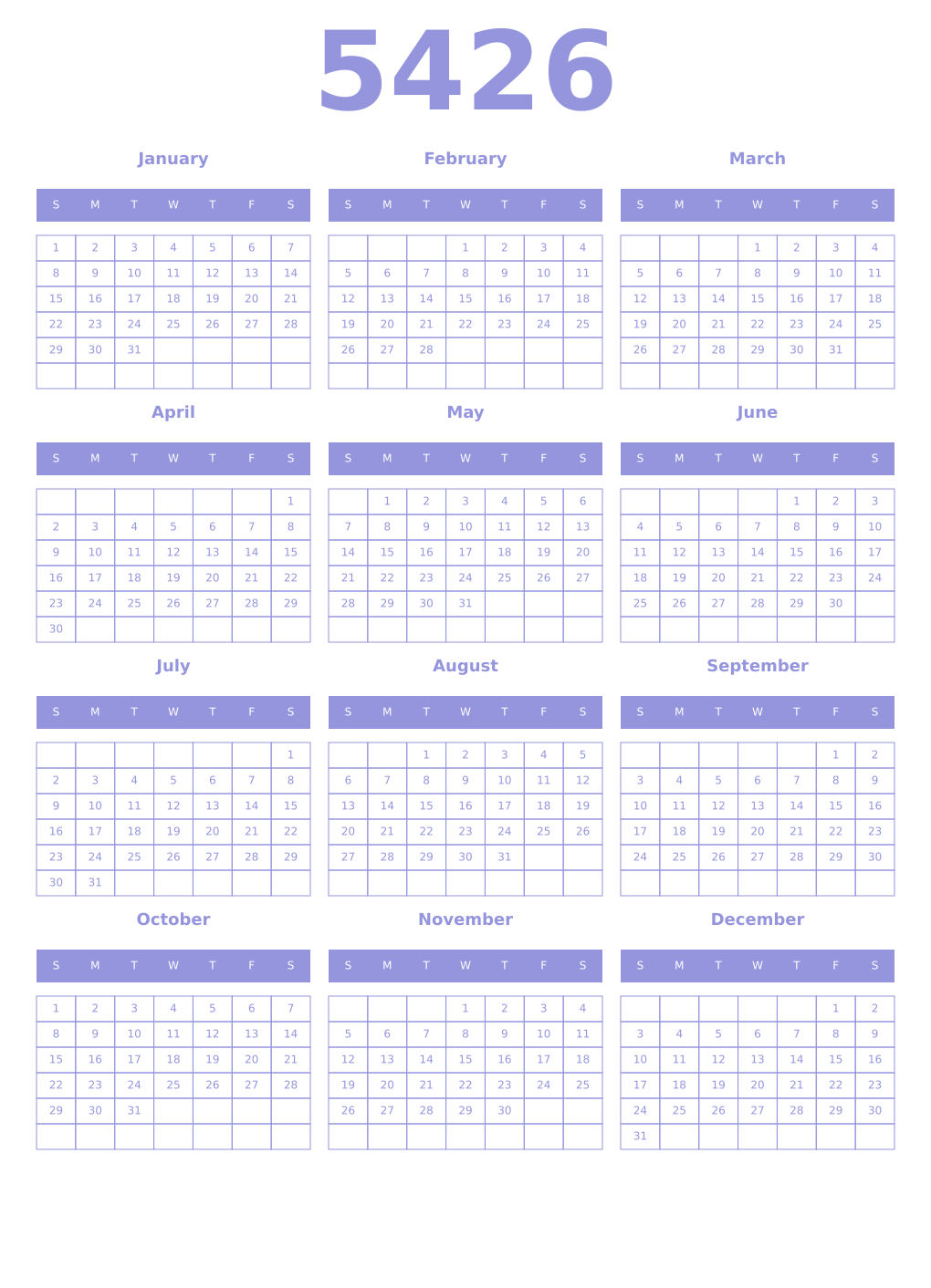 Printable 5426 Year Calendars periwinkle