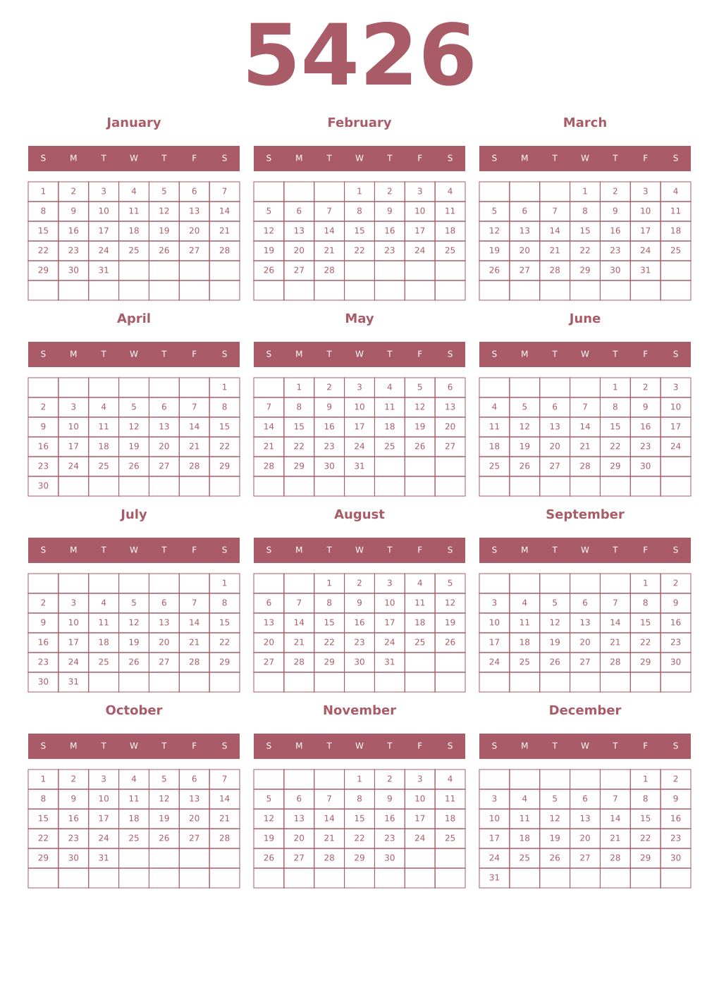 Printable 5426 Year Calendars puce