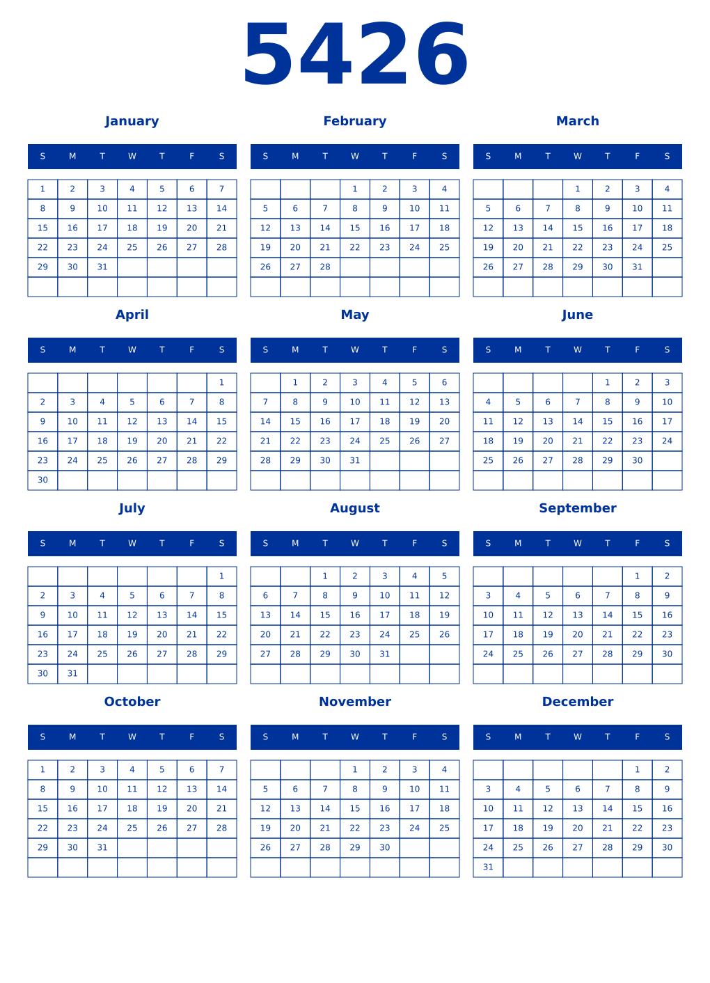 Printable 5426 Year Calendars smalt