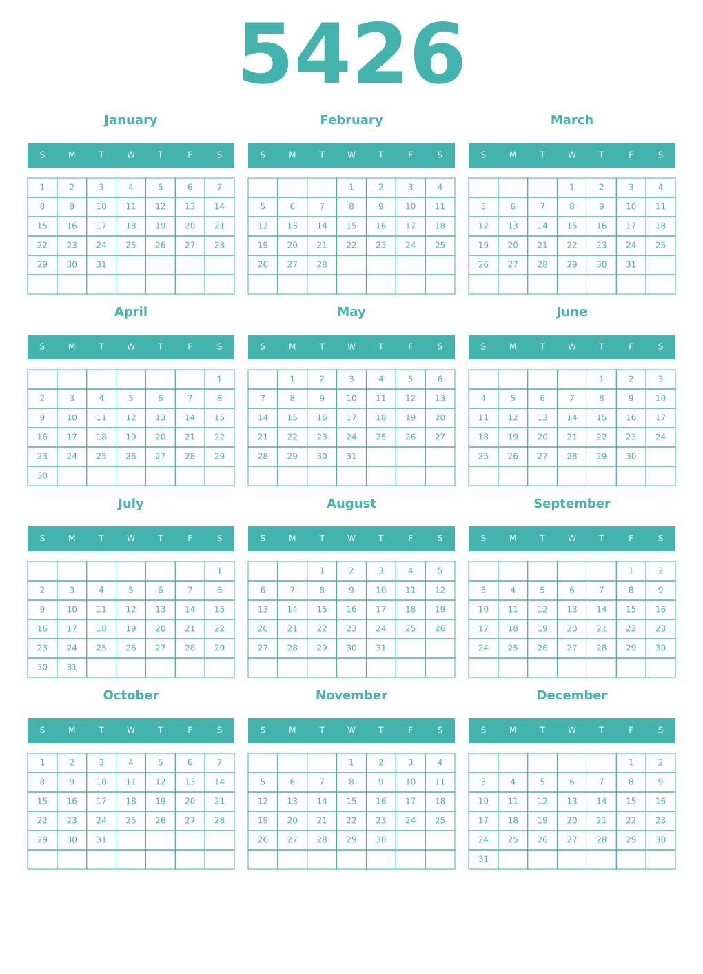 Printable 5426 Year Calendars verdigris