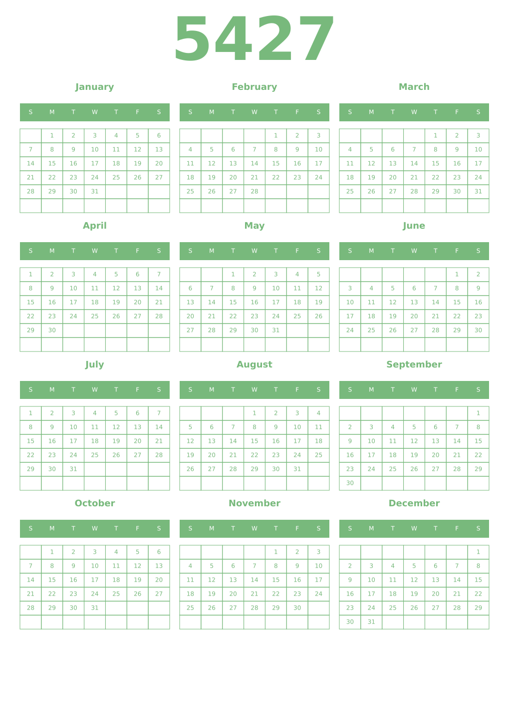 Printable 5427 Year Calendars celadon