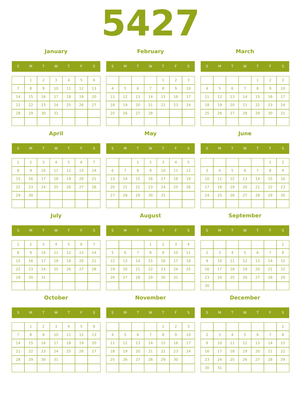 Printable 5427 Year Calendars chartreuse