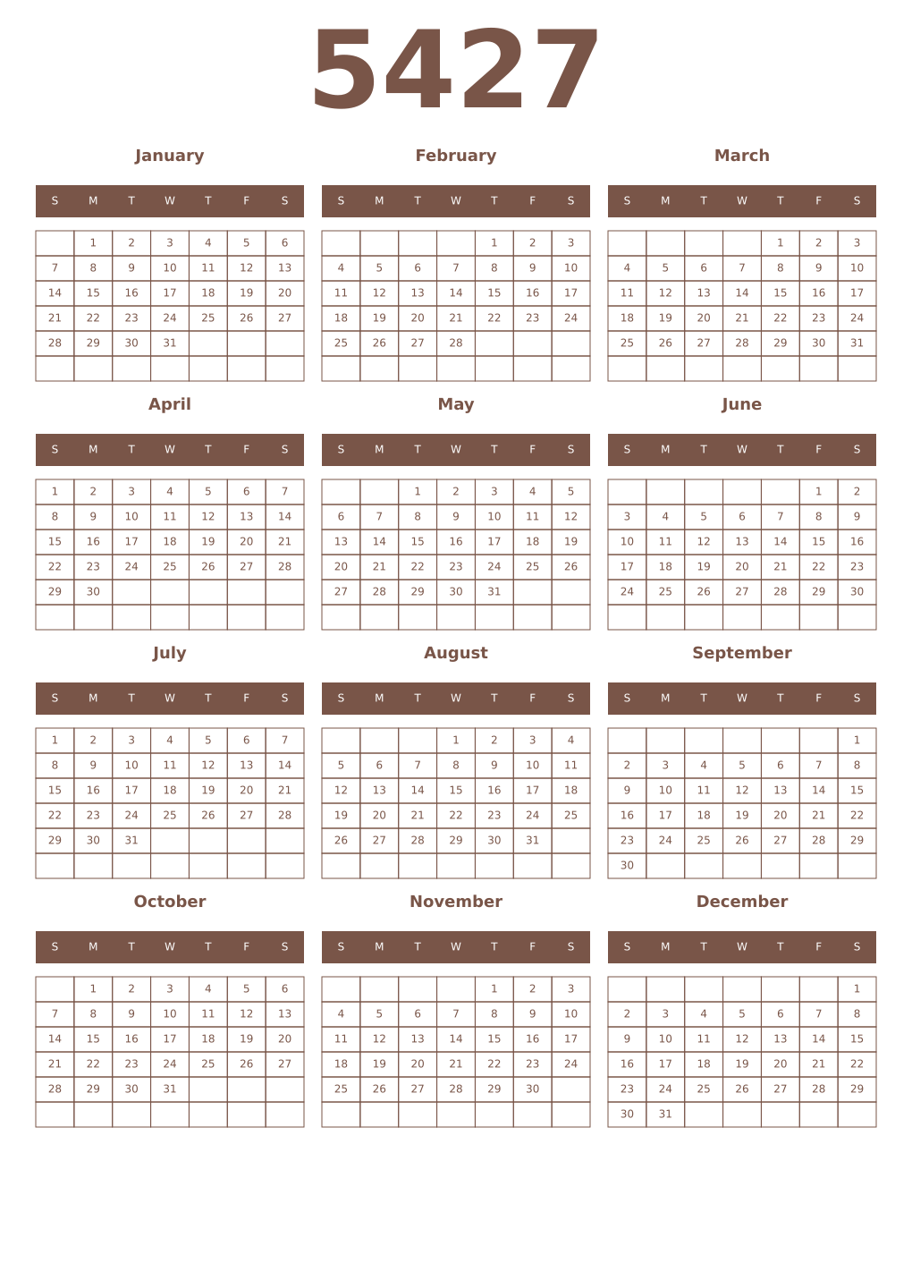 Printable 5427 Year Calendars coffe