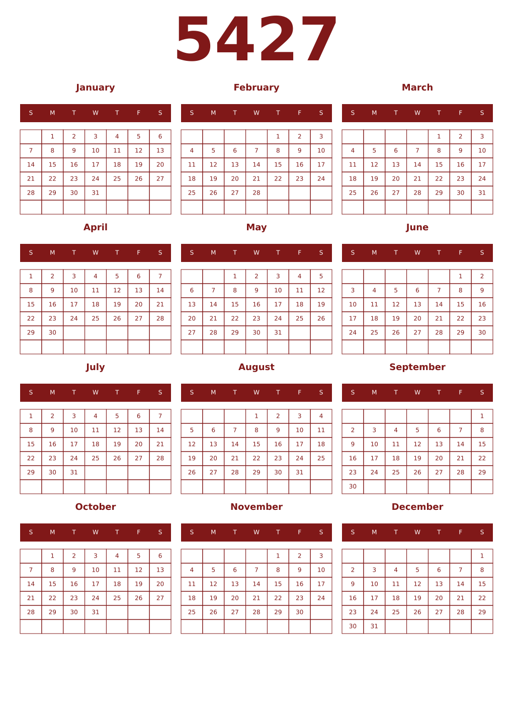 Printable 5427 Year Calendars falu