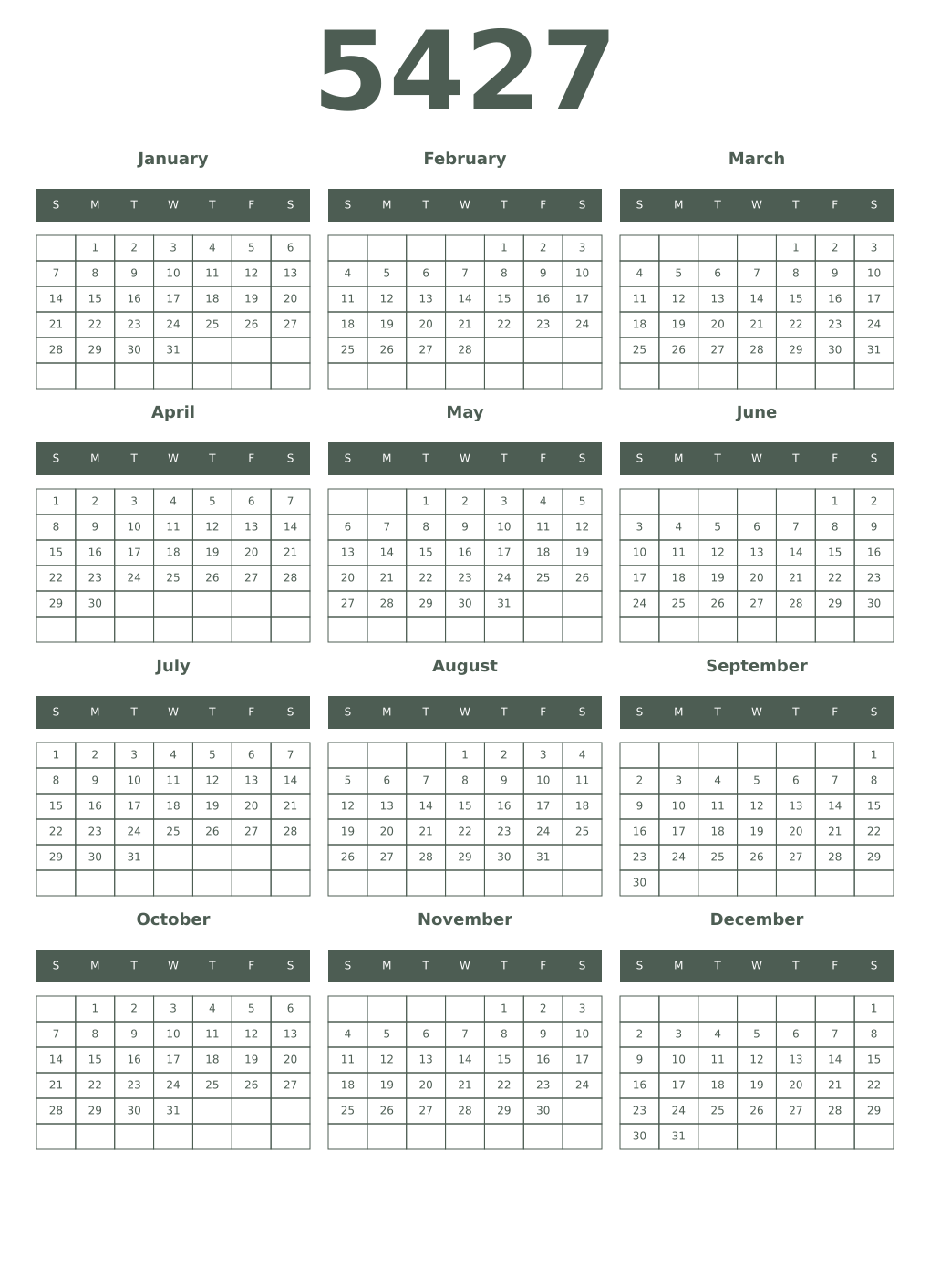 Printable 5427 Year Calendars feldgrau