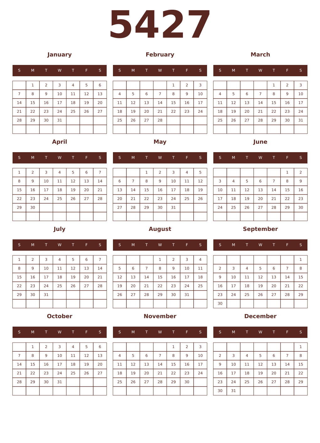 Printable 5427 Year Calendars mortuum